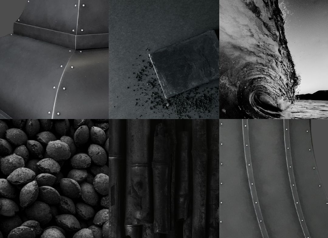 Dark Antique Mood Board Mobile A collage from the Dark Antique Mood Board Mobile features six dark, monochrome images: riveted metal, a chocolate bar with crumbs, an ocean wave, coal lumps, bamboo stalks, and a close-up of curved riveted metal.