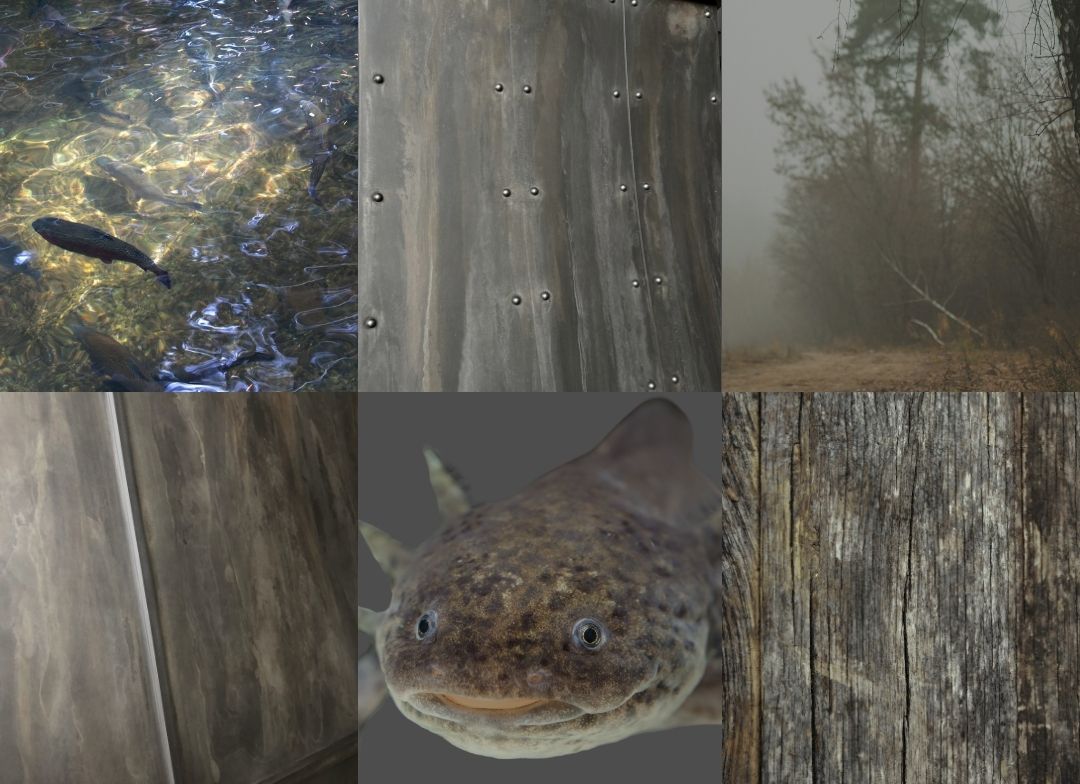 Dark Washed Mood Board Mobile The Dark Washed Mood Board Mobile features six images: fish in clear water, riveted metal, a foggy forest, aged wood close-up, weathered wood panel, and a close-up of textured fish skin.