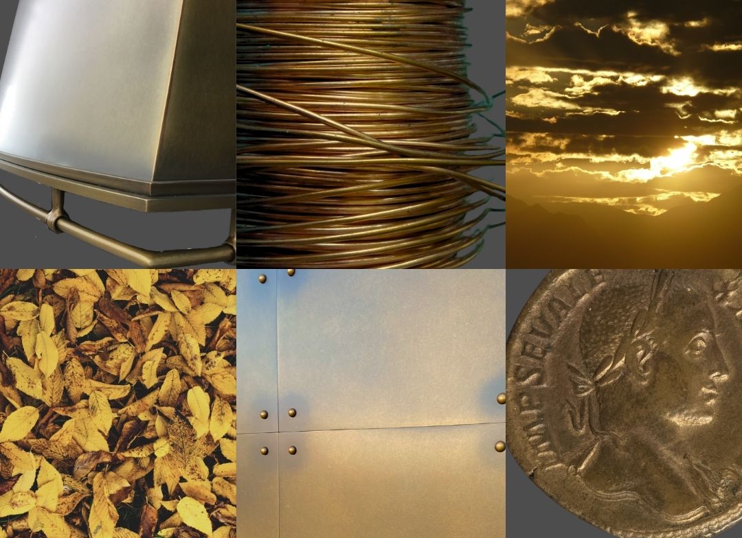 A collage for Foundry Mood Board Mobile featuring six gold and bronze-themed images: metal structure, coiled wire, cloudy sunset, dried leaves, riveted metallic panel, and an ancient coin close-up.