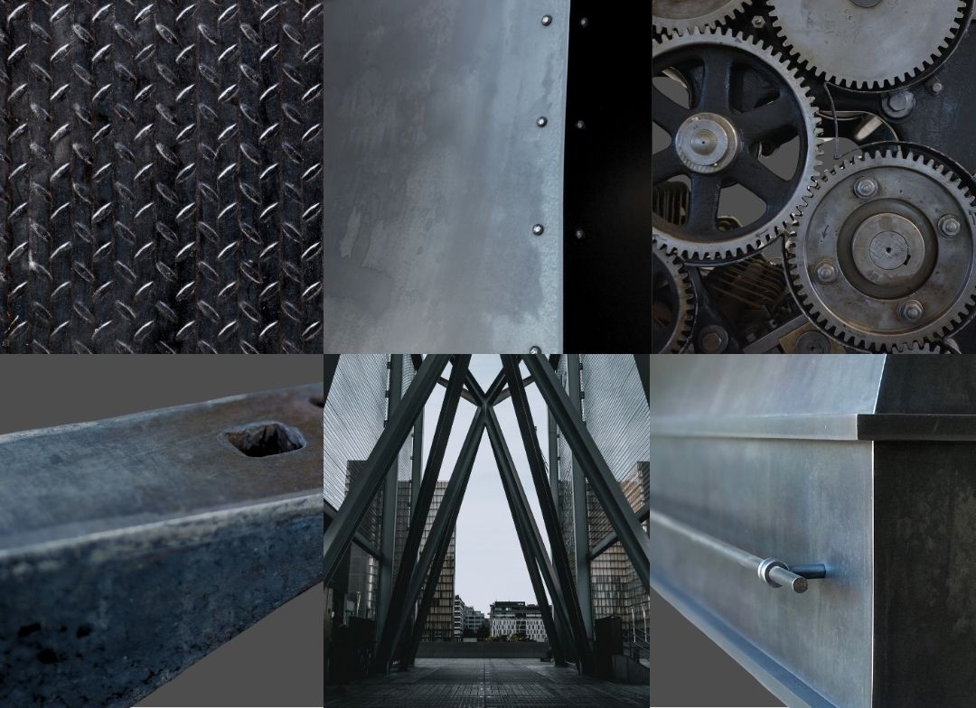 Gunmetal Mood Board Mobile: a collage of diamond plate metal, riveted sheet, interlocking gears, beam with bolt hole, modern steel framework, and an industrial structure with handle.