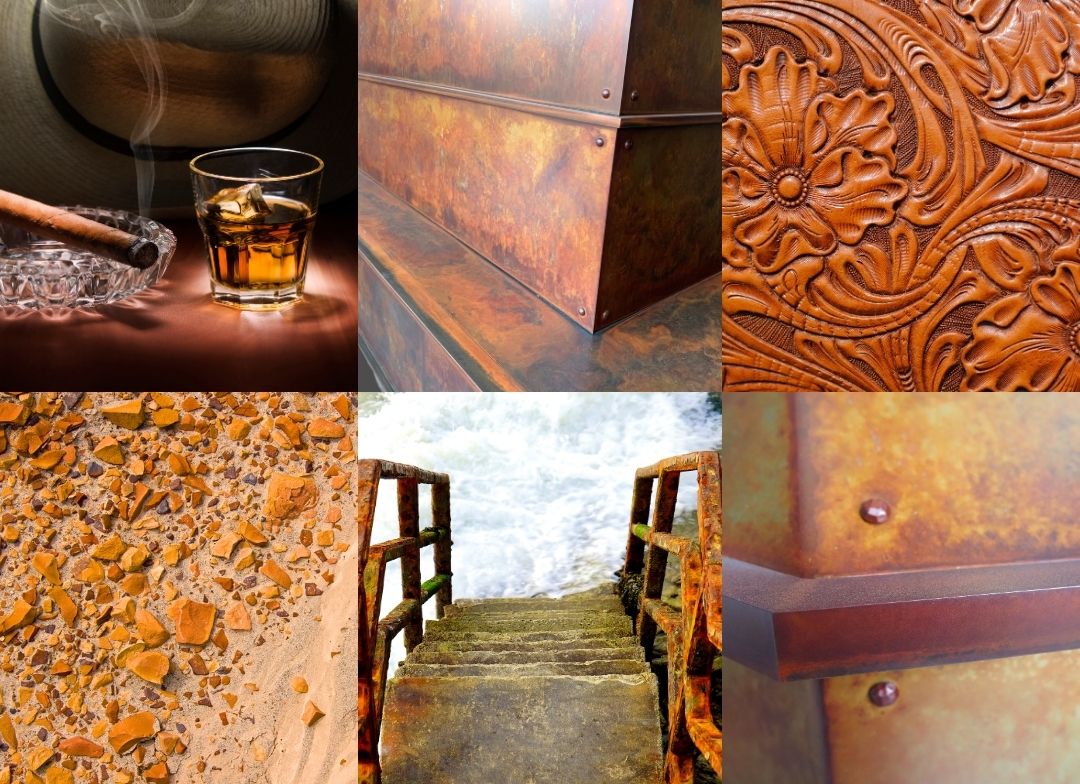 Leathered Mood Board Mobile A collage of six images for Leathered Mood Board Mobile: a cigar with whiskey, rusty metal, embossed leather, terracotta on sand, water-weathered stairs, and a riveted rusty corner.