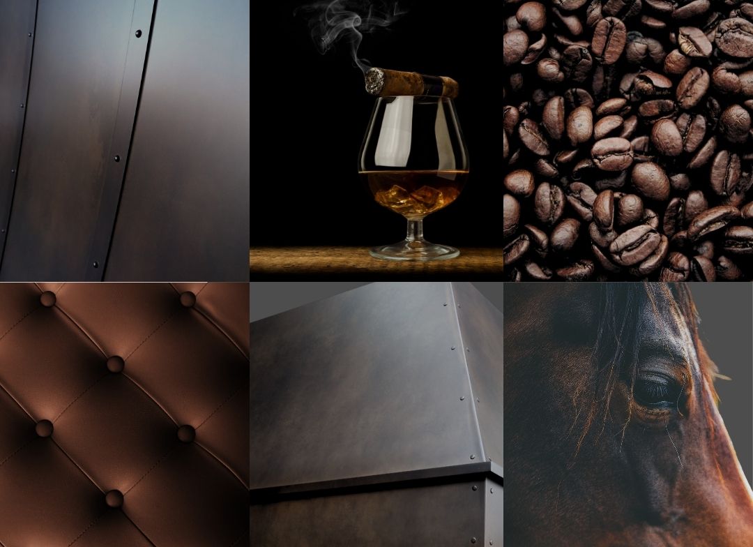 A collage of six images on the Oil-Rubbed Iron Mood Board Mobile features a metal panel, whiskey with a smoking cigar, coffee beans, brown leather upholstery, a metal corner, and a close-up of a horse’s eye.