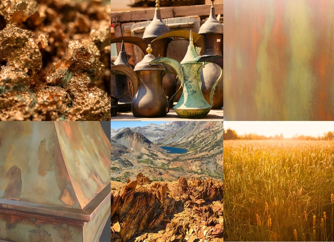 Penny Iron Mood Board Mobile The Penny Iron Mood Board Mobile features a collage of six images: rough gold nuggets, antique metal pitchers, abstract green and rust hues, a green-orange metal surface, rocky mountains, and a sunlit grassy field.