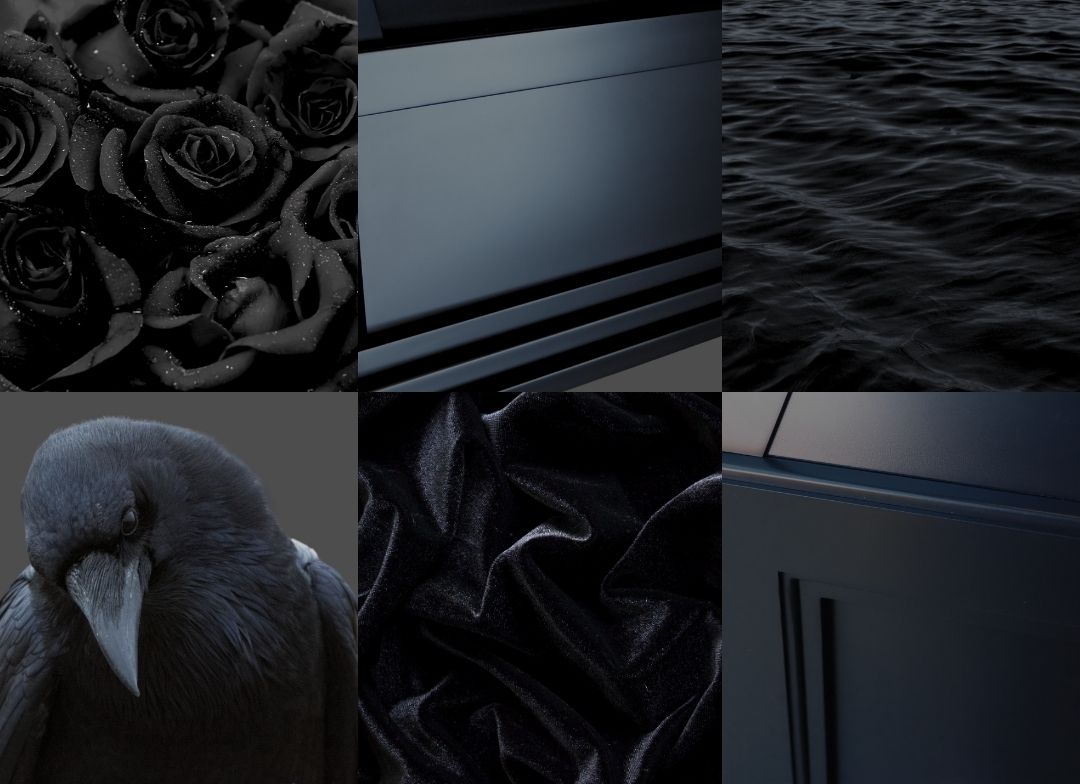 Raven Blac Mood Board Mobile Experience the Raven Blac Mood Board Mobile: six dark, moody images—black roses, smooth surfaces, ocean waves, a crow close-up, velvet fabric, and a glossy panel—all in striking shades of black and deep gray.