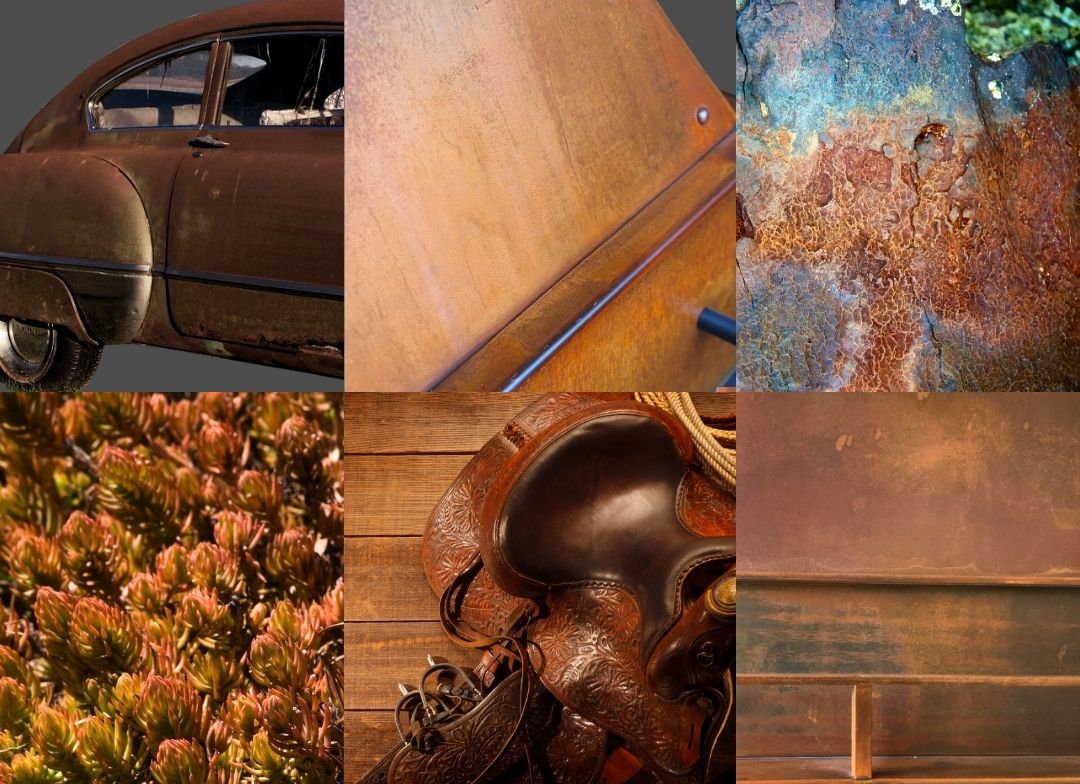 Rusty Rustic Iron Mood Board Mobile The Rusty Rustic Iron Mood Board Mobile features six images: rusty surfaces, close-up rusty metal, an old car, a leather saddle, green cactus plants, and a worn bench—all capturing rustic, weathered charm.