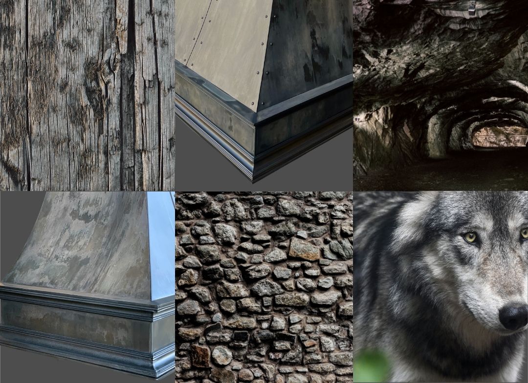 The Showroom Reclaimed Mood Board Mobile displays six images: weathered wood, a metal architectural detail from two angles, a dark cave, a rough stone wall, and a close-up of a wolf’s face.