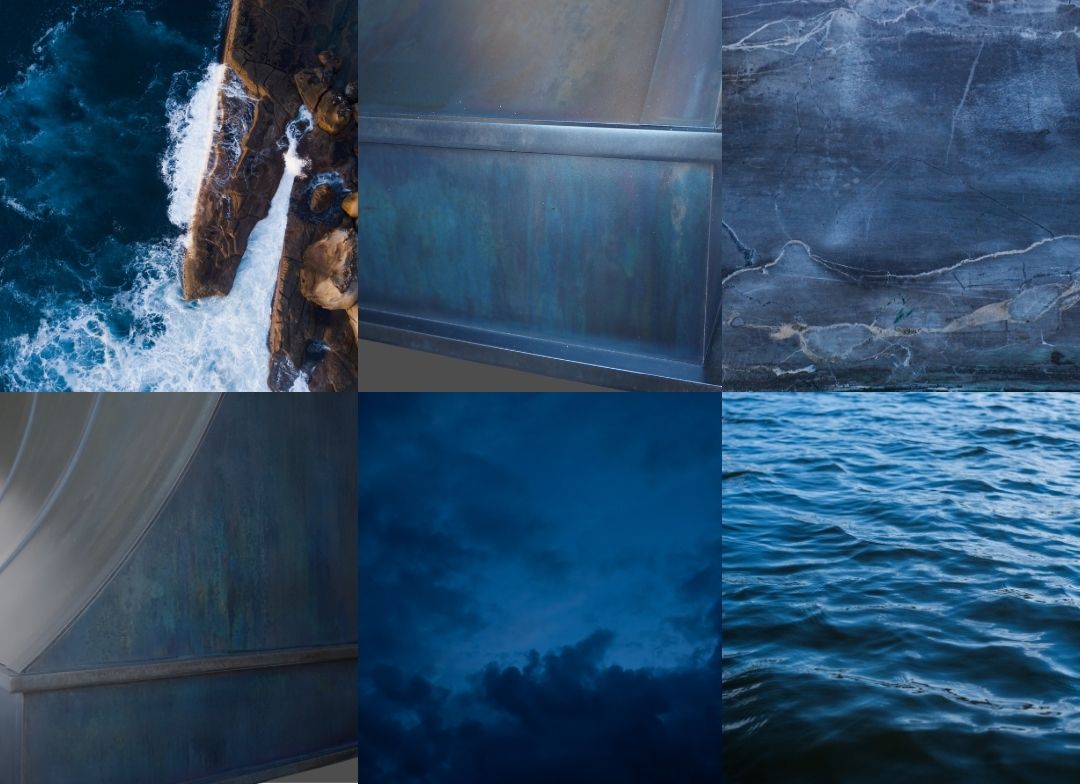 Slate Mood Board Mobile Slate Mood Board Mobile features a collage of six square images—crashing waves, blue-gray metal, deep ocean water, and a cloudy night sky—all in cool blue tones.