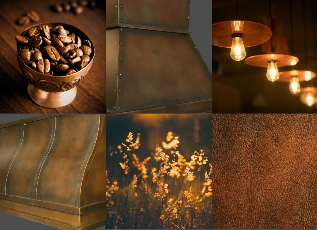 The Warm Foundry Mobile Mood Board features six images: brown coffee beans in a brass cup, metallic panels close-up, glowing hanging bulbs, golden sunlit grasses, and brown leather texture.
