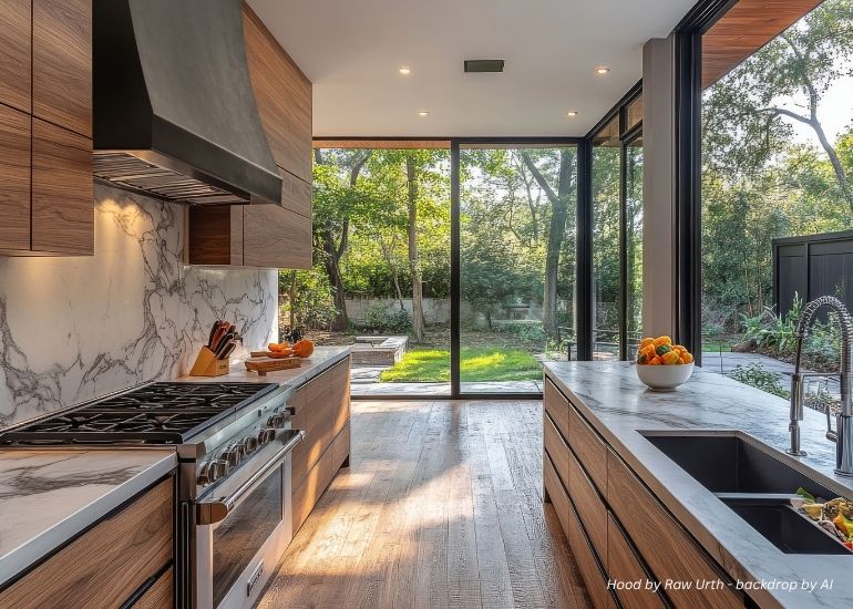 ru-avon The modern ru-avon kitchen features wood cabinets, marble countertops, stainless steel appliances, and large glass doors leading to a lush backyard. Natural light fills the space, with a bowl of fruit on the island by the sink.