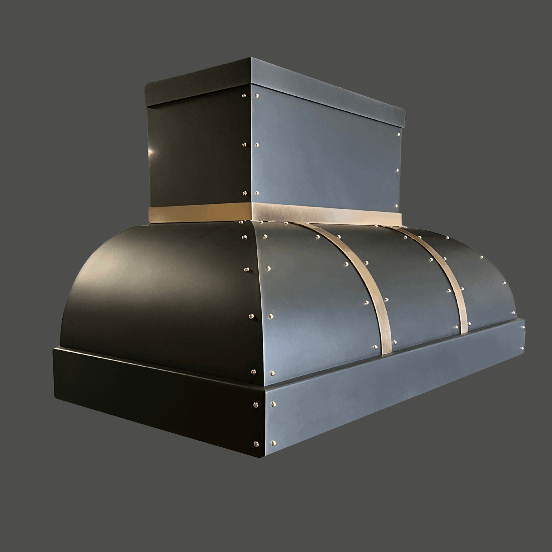 The 5536 PHOTOCARD Steel RH Palisade Dark Antique range hood features burnished bronze waist, straps, and rivets in a curved design, shown against a solid gray background. Size: 46.5w x 28h. Model: HamiltonLodge-FLOATER.