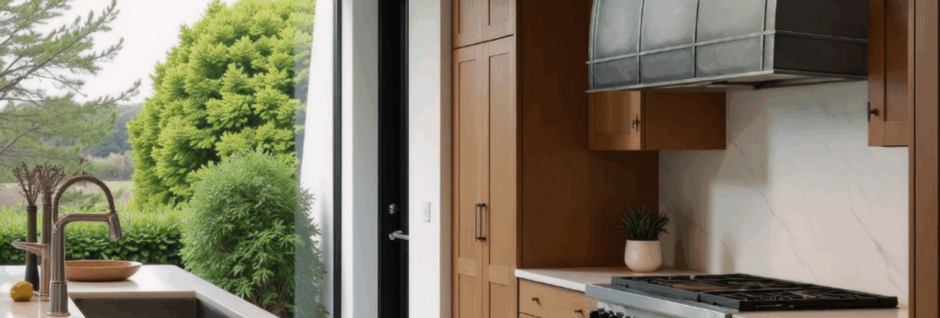 The Untitled design (2) kitchen features wooden cabinets, a stainless steel range hood, and a light-colored island with sink and faucet. Large doors open to views of green trees and shrubs, blending indoor and outdoor living.