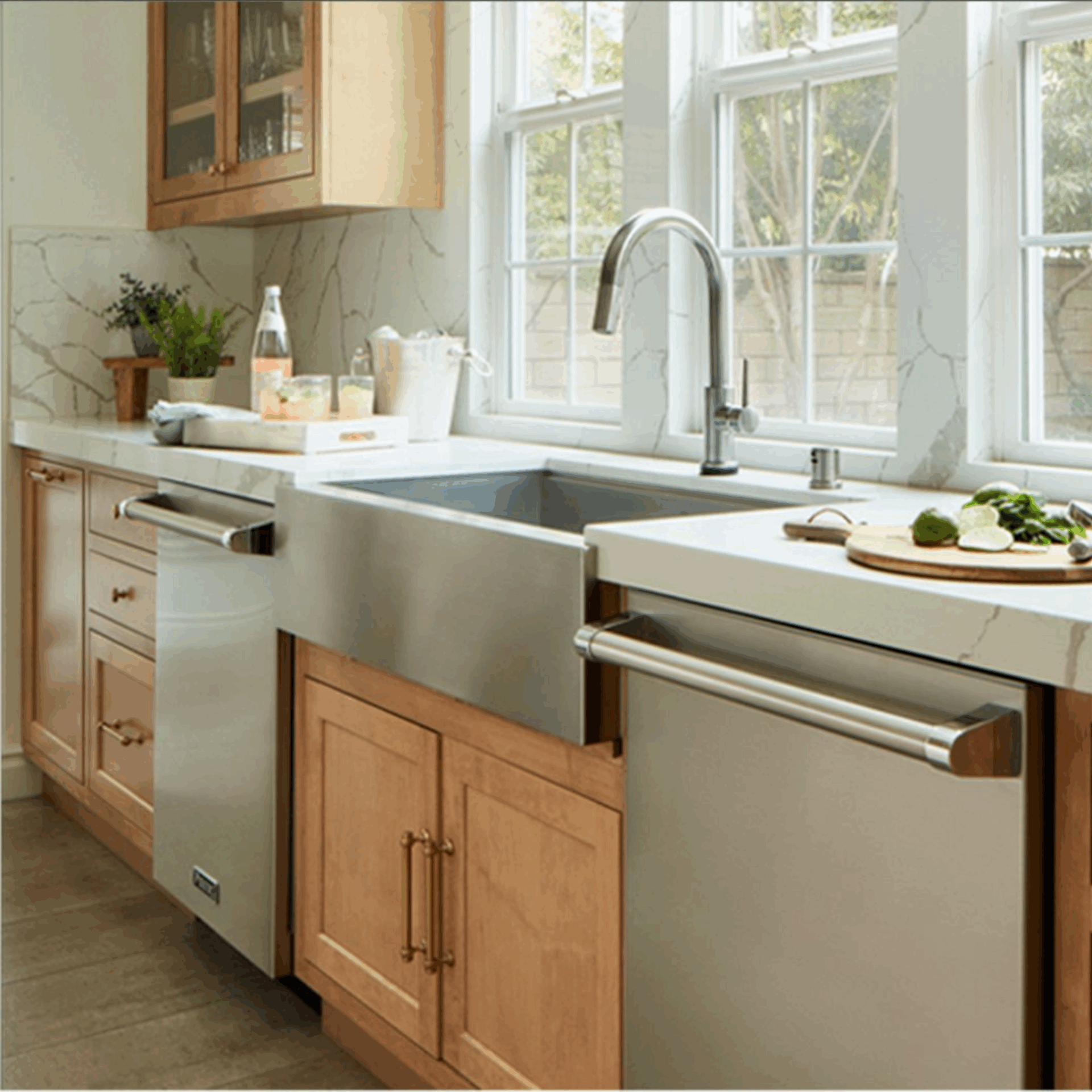 A modern kitchen with light wood cabinets, stainless steel appliances including a double dishwasher, a farmhouse sink, and a white countertop. Chopped vegetables sit on a cutting board by the sink as sunlight streams through large windows.