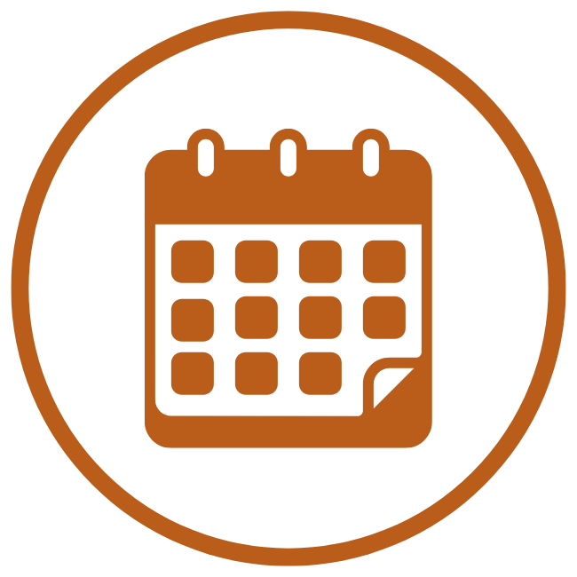 A 650 x 650 px brown calendar icon with a day grid, enclosed in a brown circle on a white background. Product Name: 1.