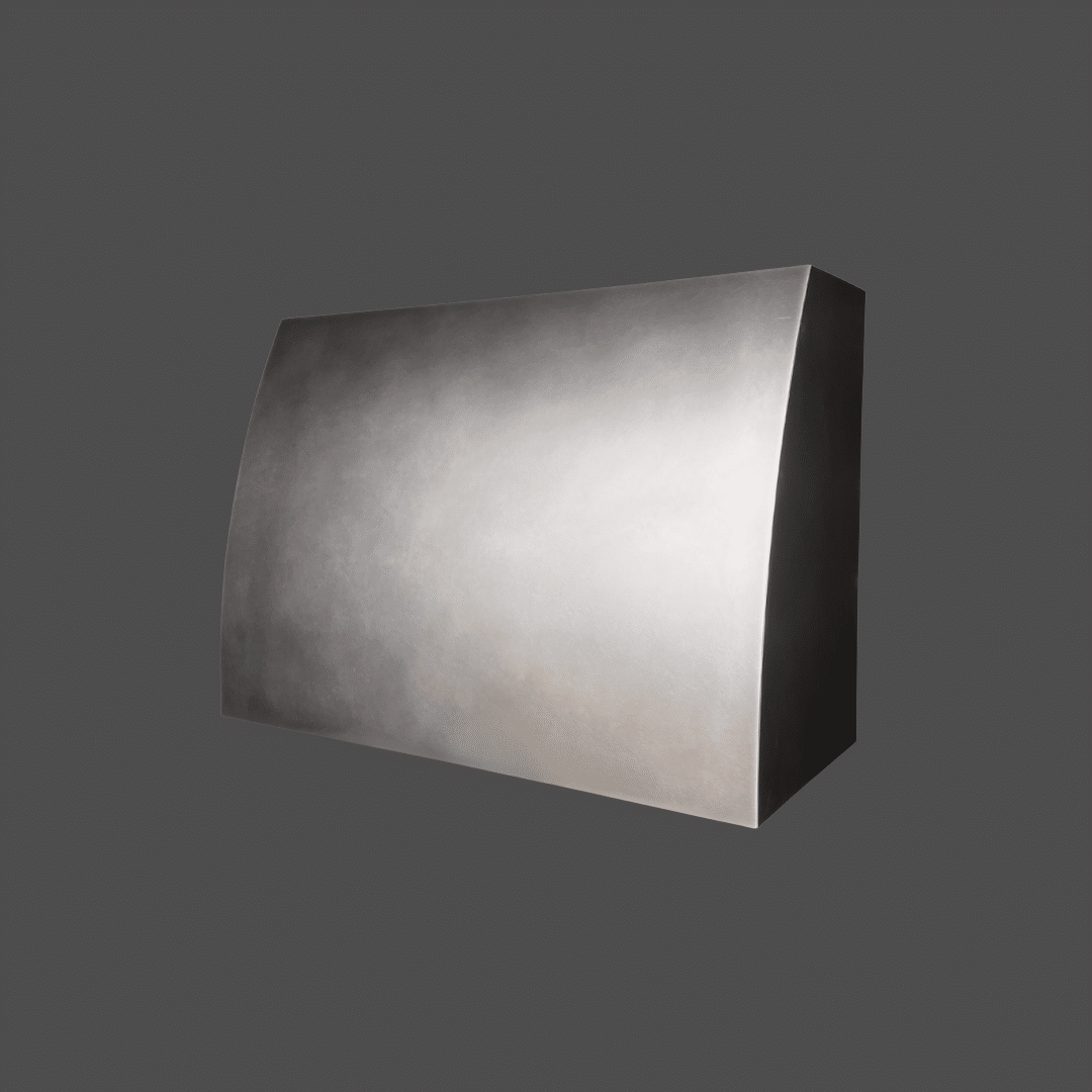 Untitled design (2), a metallic rectangular object with a slightly curved front and smooth, reflective finish, is set against a dark gray background.